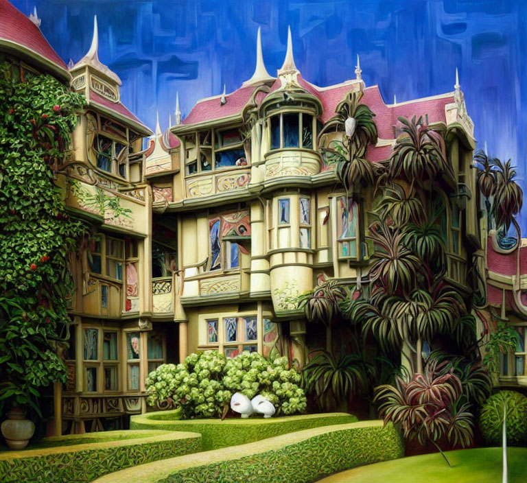 Vibrant painting of ornate building with lush surroundings