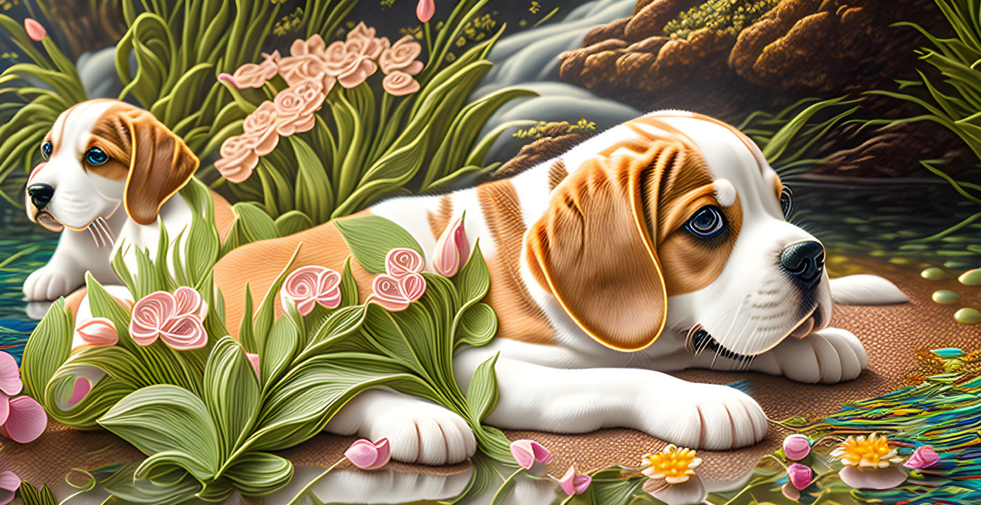 Two Beagle Puppies Surrounded by Flowers and Pond in Colorful Illustration