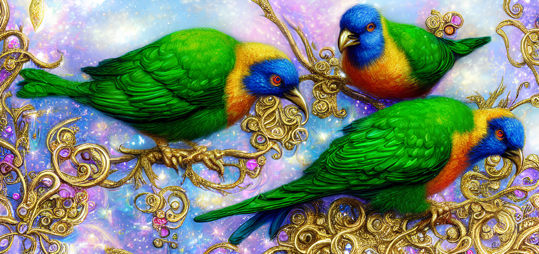 Colorful Parakeets on Intricate Golden Filigree with Jewels