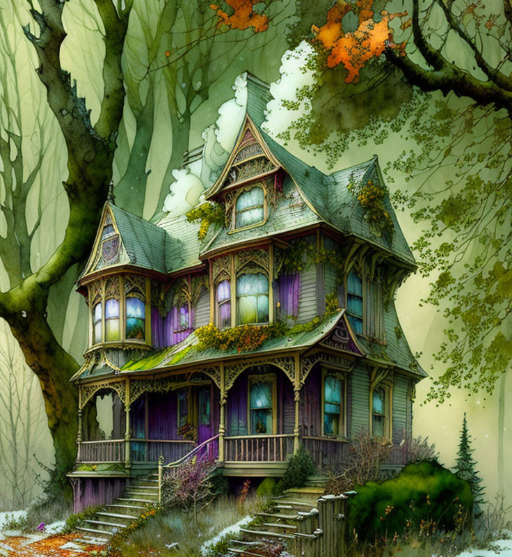 Victorian-style House in Misty Autumn Forest with Enchanting Details