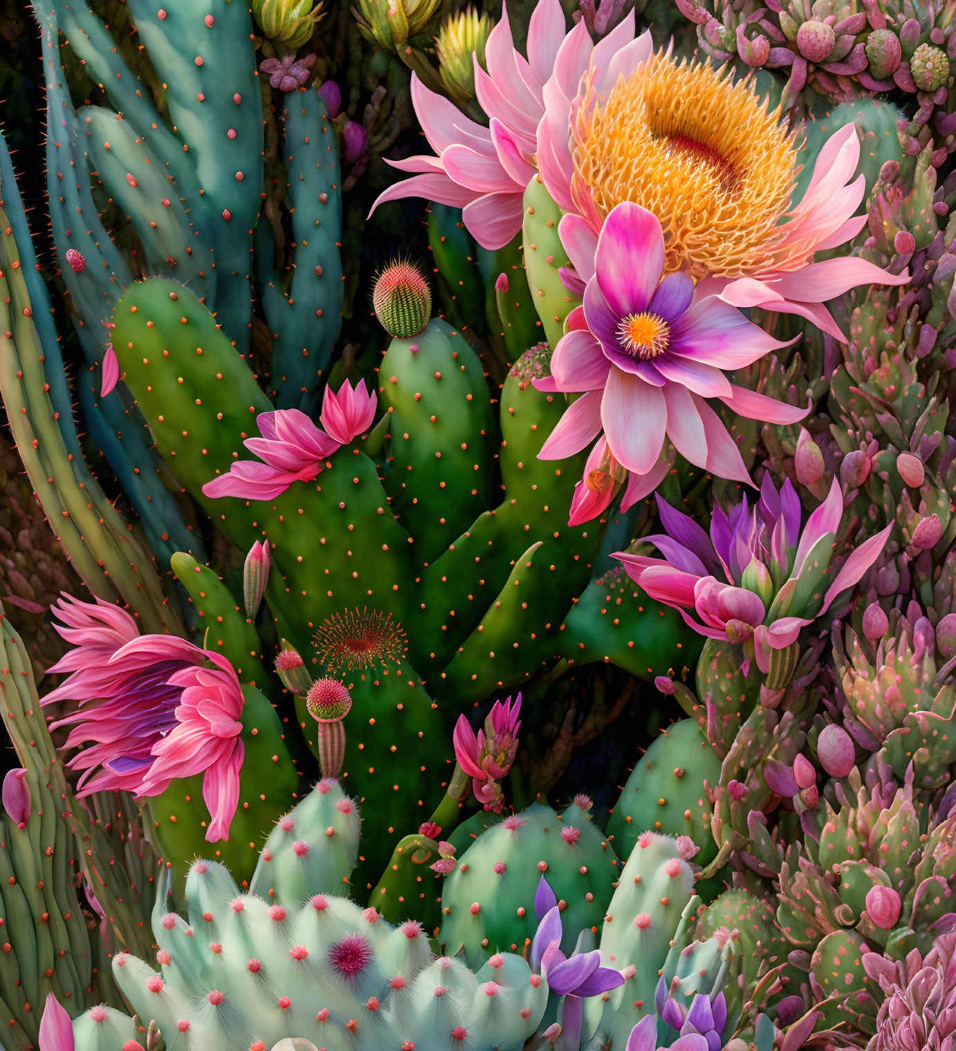 Colorful desert landscape with cacti, succulents, pink and yellow flowers.