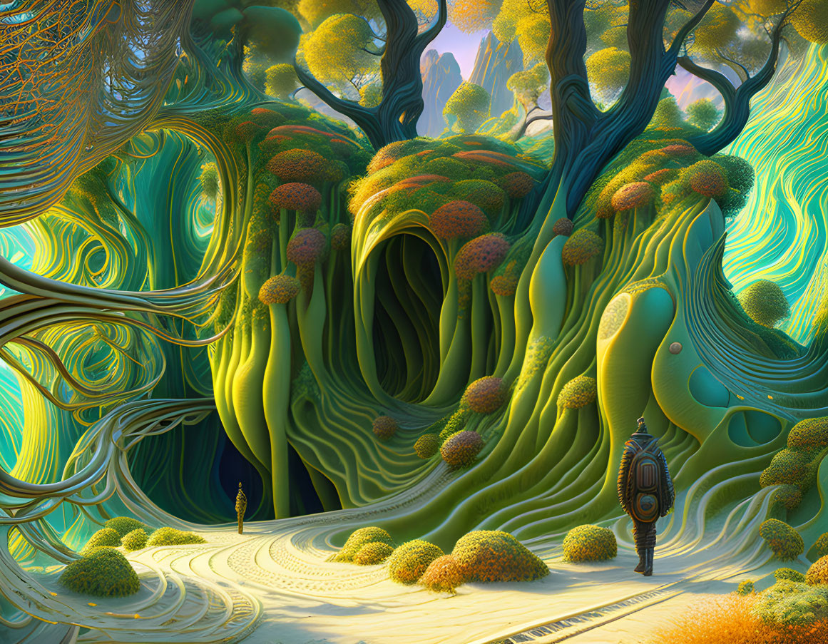 Vibrant surreal landscape with swirling trees and mysterious door