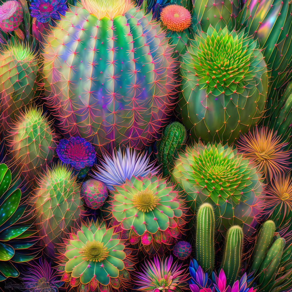 Colorful Neon Cactus Illustration with Thorns and Flowers