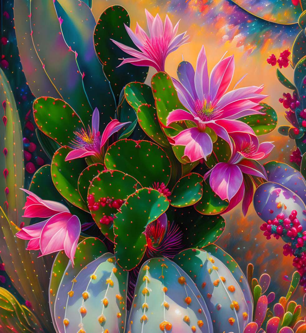 Colorful cacti and pink flowers in cosmic scene