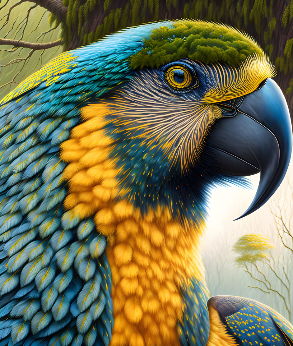 Detailed Blue and Yellow Macaw Illustration in Forest Setting