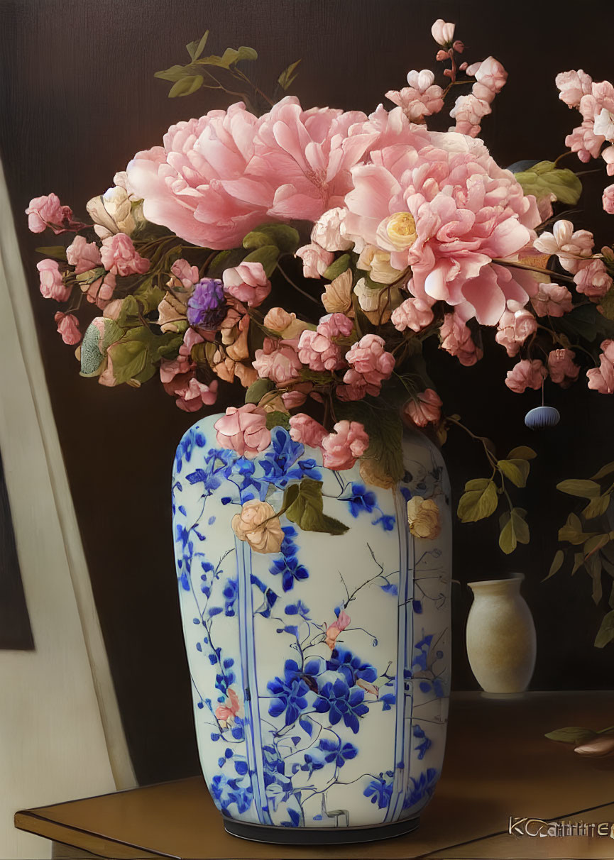 Blue floral pattern vase with pink blossoms on a table in serene still-life.