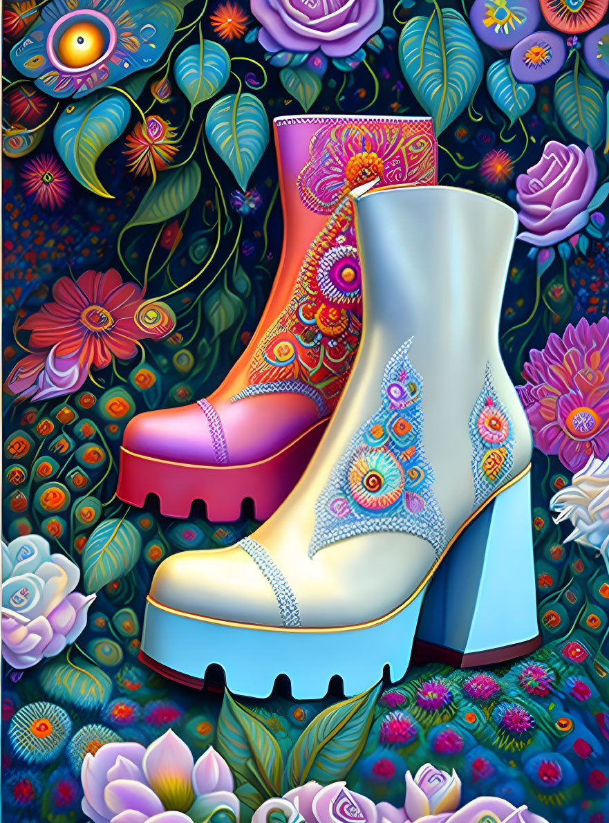 Colorful Stylized Boots Illustration on Floral Background