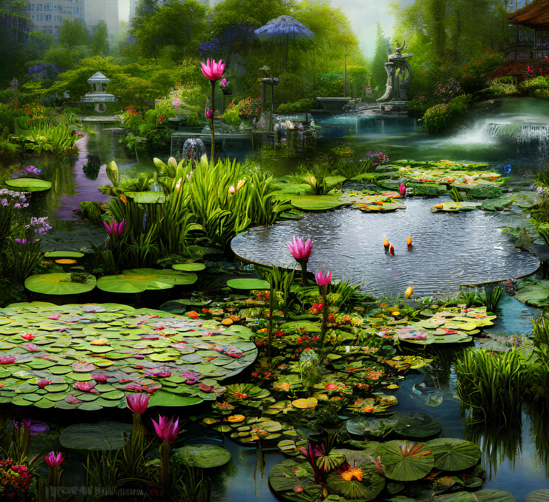 Tranquil pond with lily pads, statue, and cityscape