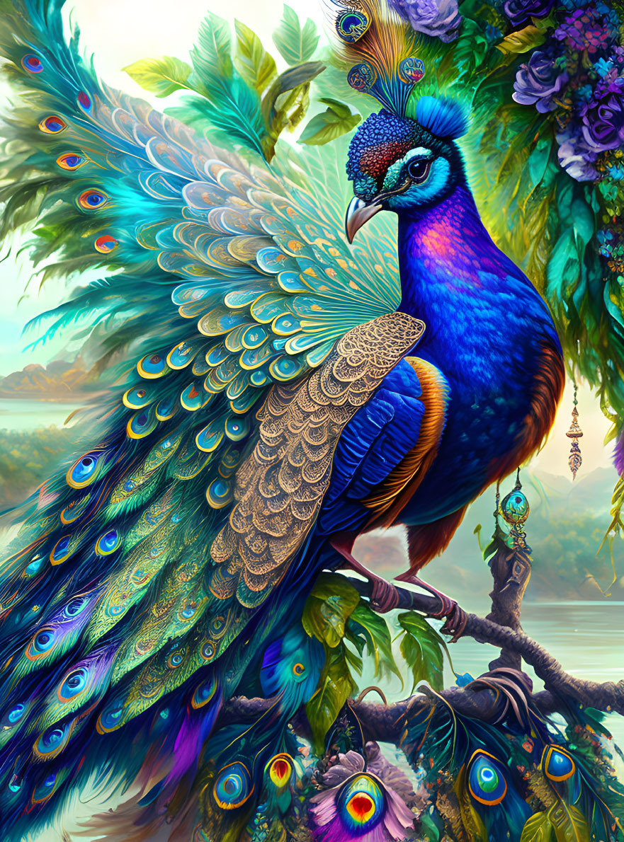 Colorful peacock illustration in lush nature setting with mountains and lake