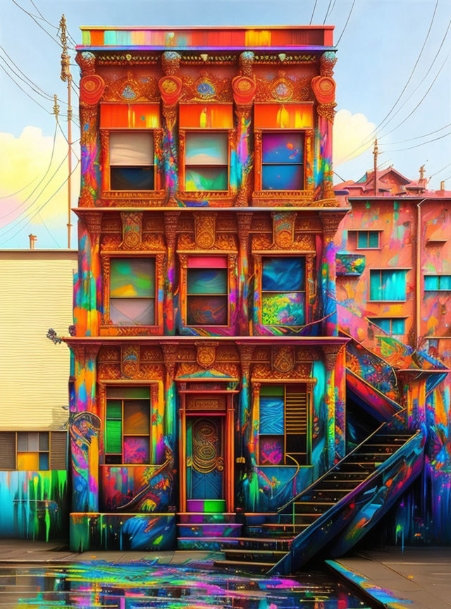 Colorful Building with Vibrant Patterns and Rainbow Staircase