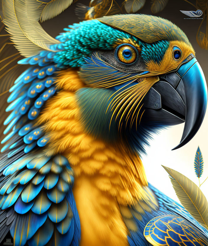 Colorful Parrot Digital Artwork with Blue, Gold, and Teal Feathers on Golden Background