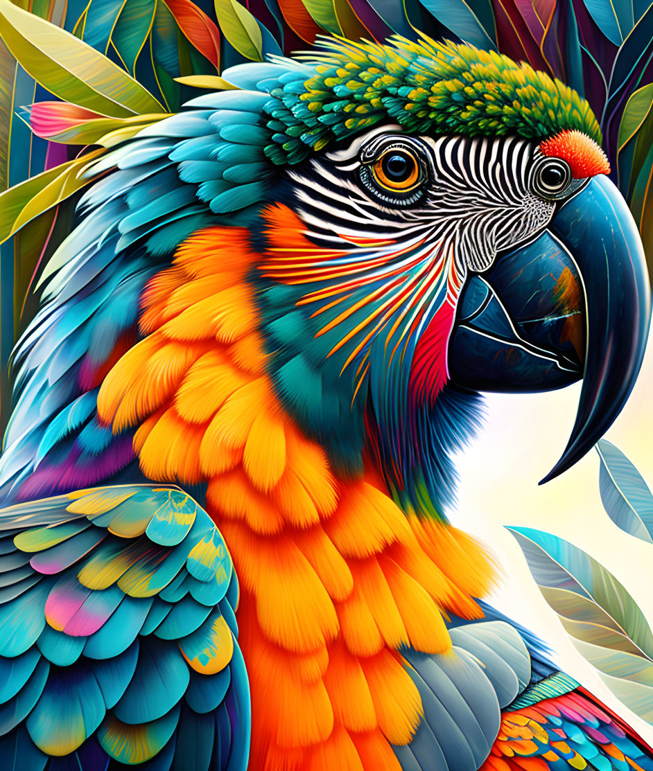 Colorful Macaw Illustration with Detailed Feathers and Tropical Foliage