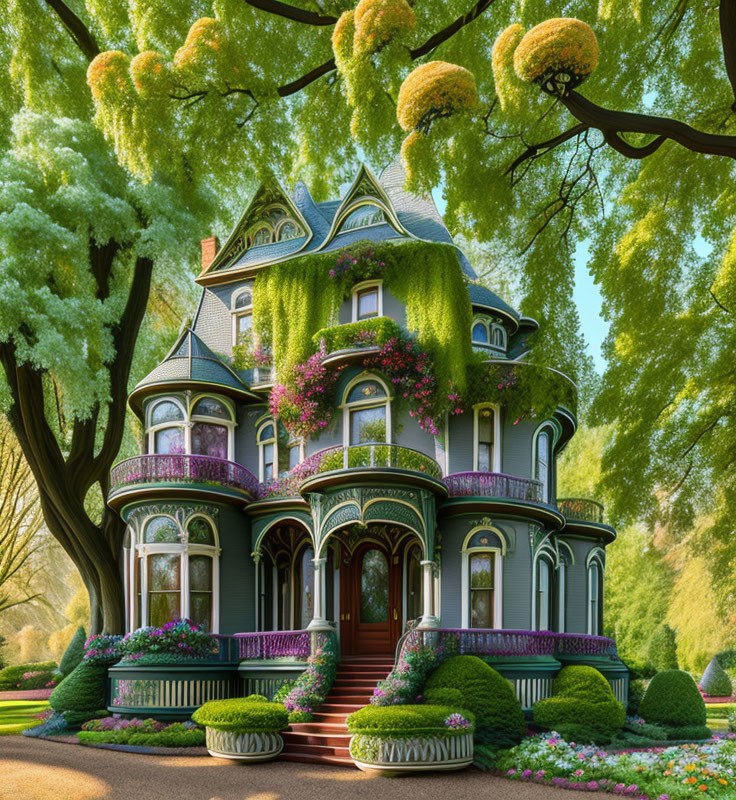 Victorian House with Green and Purple Details in Lush Garden