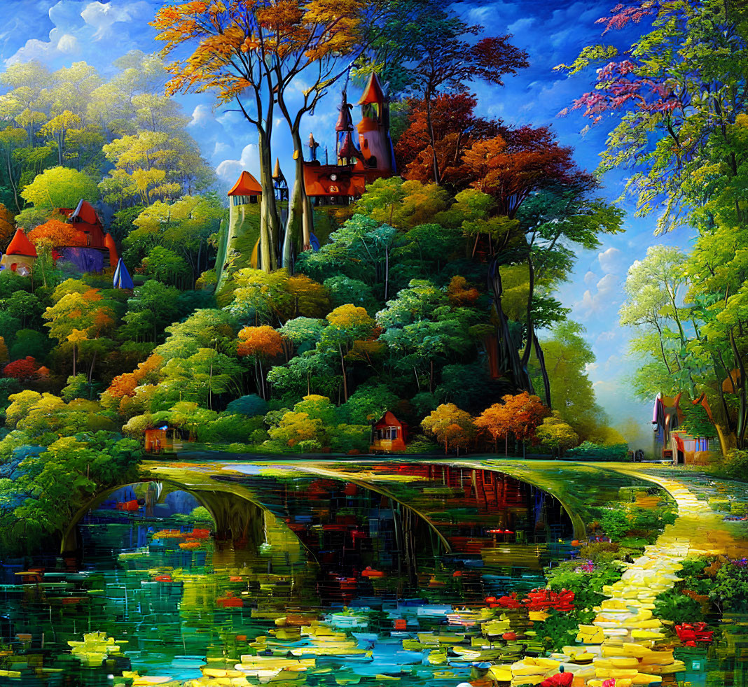 Colorful Fairytale Landscape: Castle, Autumn Trees, Stone Bridge, River Reflections