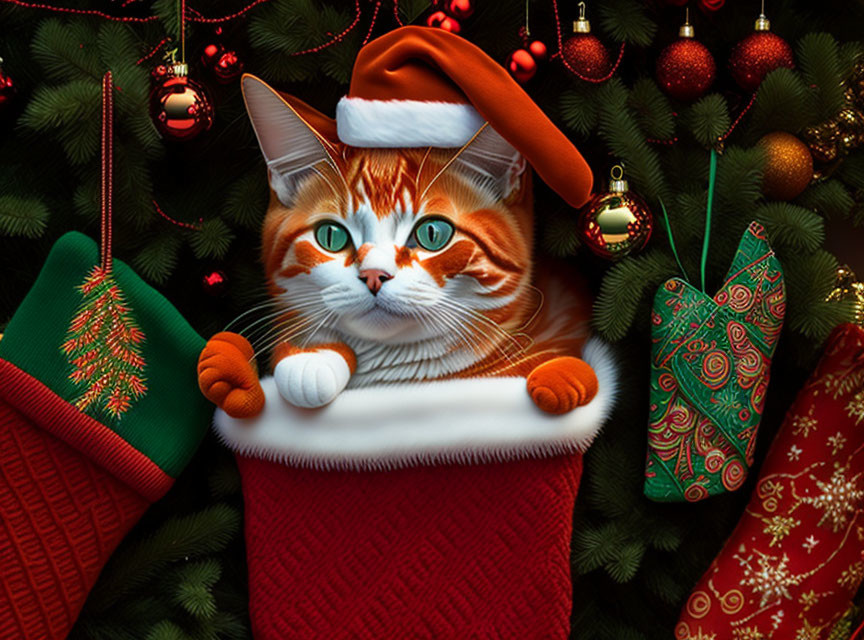 Orange Tabby Cat in Santa Hat Peeking from Christmas Stocking