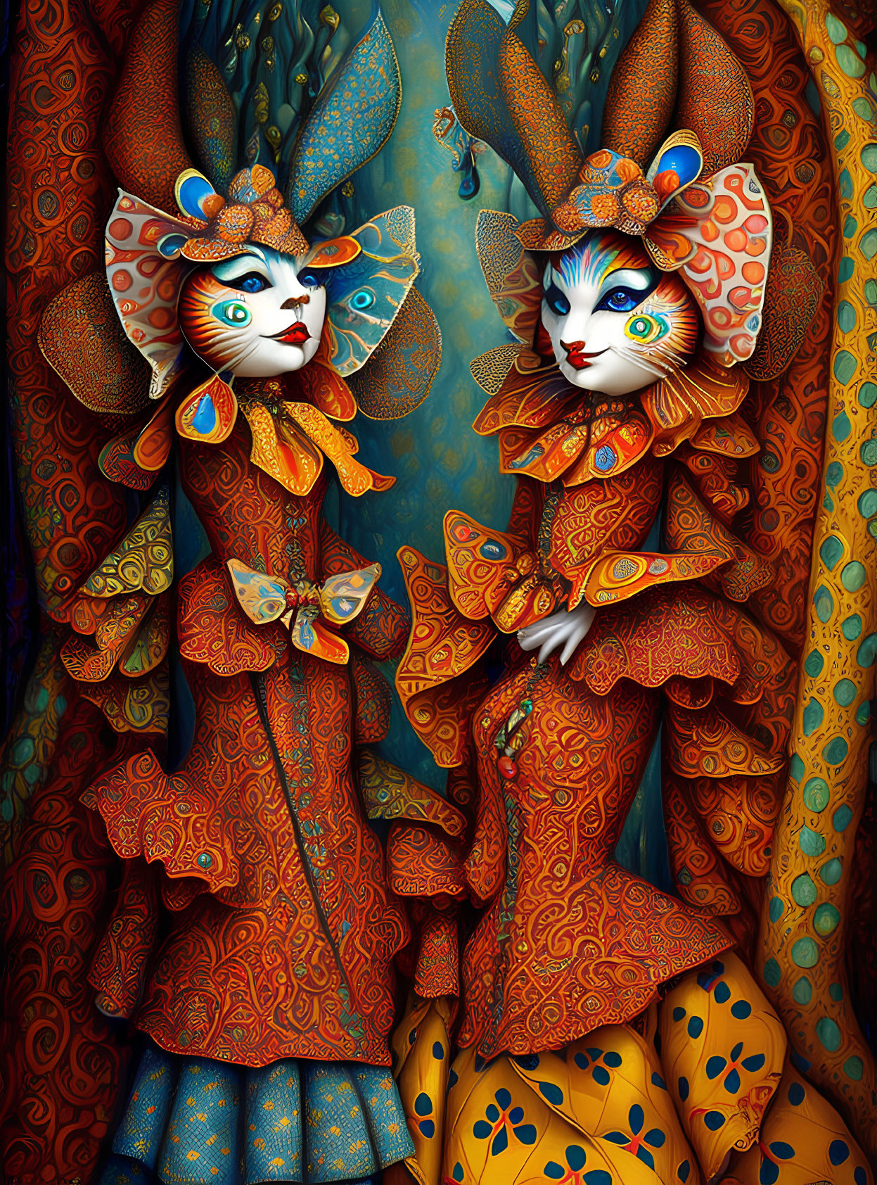 Stylized feline figures in orange and blue costumes with butterfly motifs