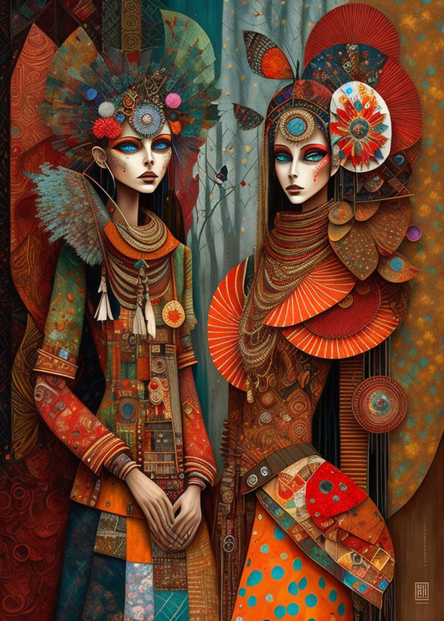 Colorful Stylized Figures in Elaborate Costumes Against Decorative Backdrop