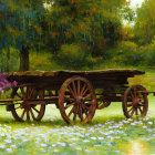 Vintage wooden wagon in colorful pastoral landscape