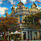 Digital artwork: Multi-tiered building near lake with autumn trees