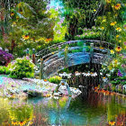 Vibrant flower garden with tranquil pond and wooden bridge