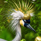 Digitally created ornate bird with golden headpiece on green background.