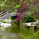 Tranquil garden scene with white arched bridge over pond