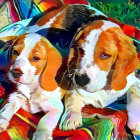 Illustrated Beagle Puppies with Colorful Flowers