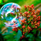 Woman in Golden Dress Surrounded by Flowers and Cosmic Bubble