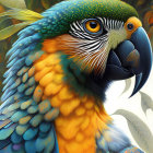 Colorful Parrot Digital Artwork with Blue, Gold, and Teal Feathers on Golden Background