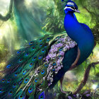 Colorful digital artwork: Peacock displaying vibrant blues and greens with intricate patterns, accompanied by a smaller