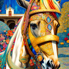 Colorful illustration of decorated horse with ornate tack against floral background and castle turret