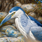 Detailed Blue and White Bird Illustration on Textured Plant and Coral Background