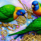 Colorful Lorikeets Perched Among Flower-Filled Branches on Pastel Sky