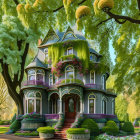 Victorian-style house in enchanted garden with blooming flowers