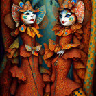 Colorful Stylized Figures in Elaborate Costumes Against Decorative Backdrop