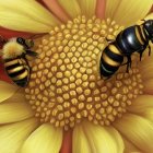 Vibrant yellow and red flower with two bees and intricate petals.