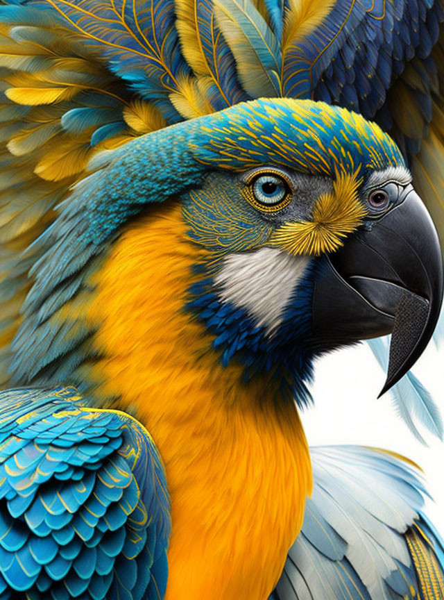 Colorful Close-Up of Blue and Yellow Macaw with Detailed Feathers