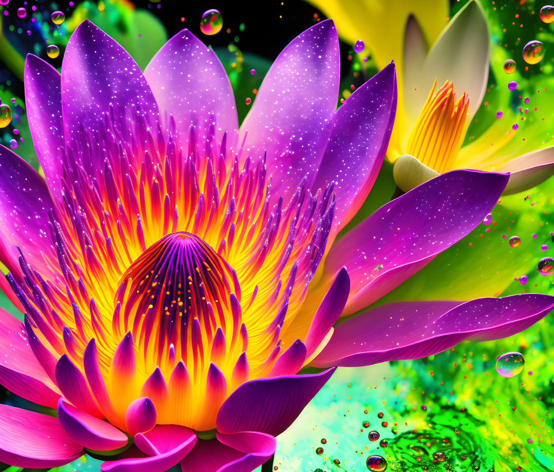 Colorful Digital Art: Purple Lotus Flower with Glowing Center