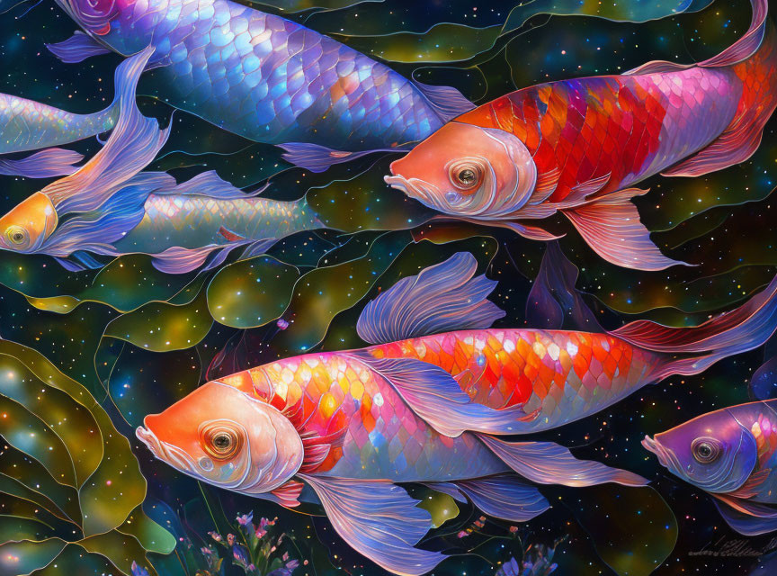 Colorful Koi Fish Swimming in Cosmic Sky