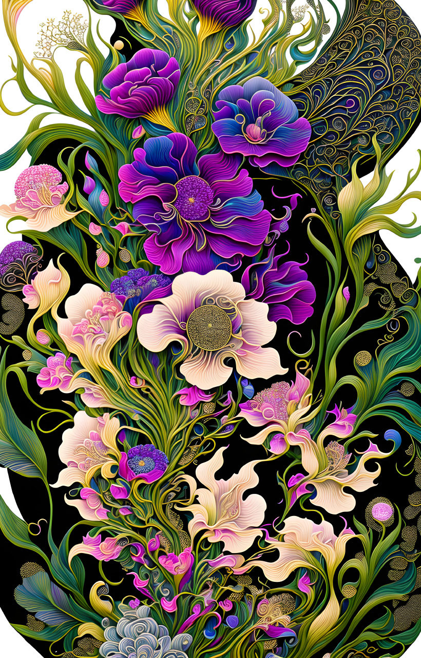 Colorful Floral Illustration with Gold and Green Patterns on Black Background