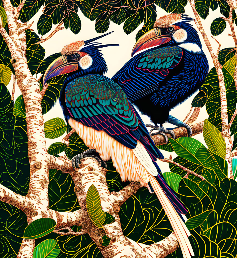 Colorful Toucans Perched on Branch in Lush Foliage