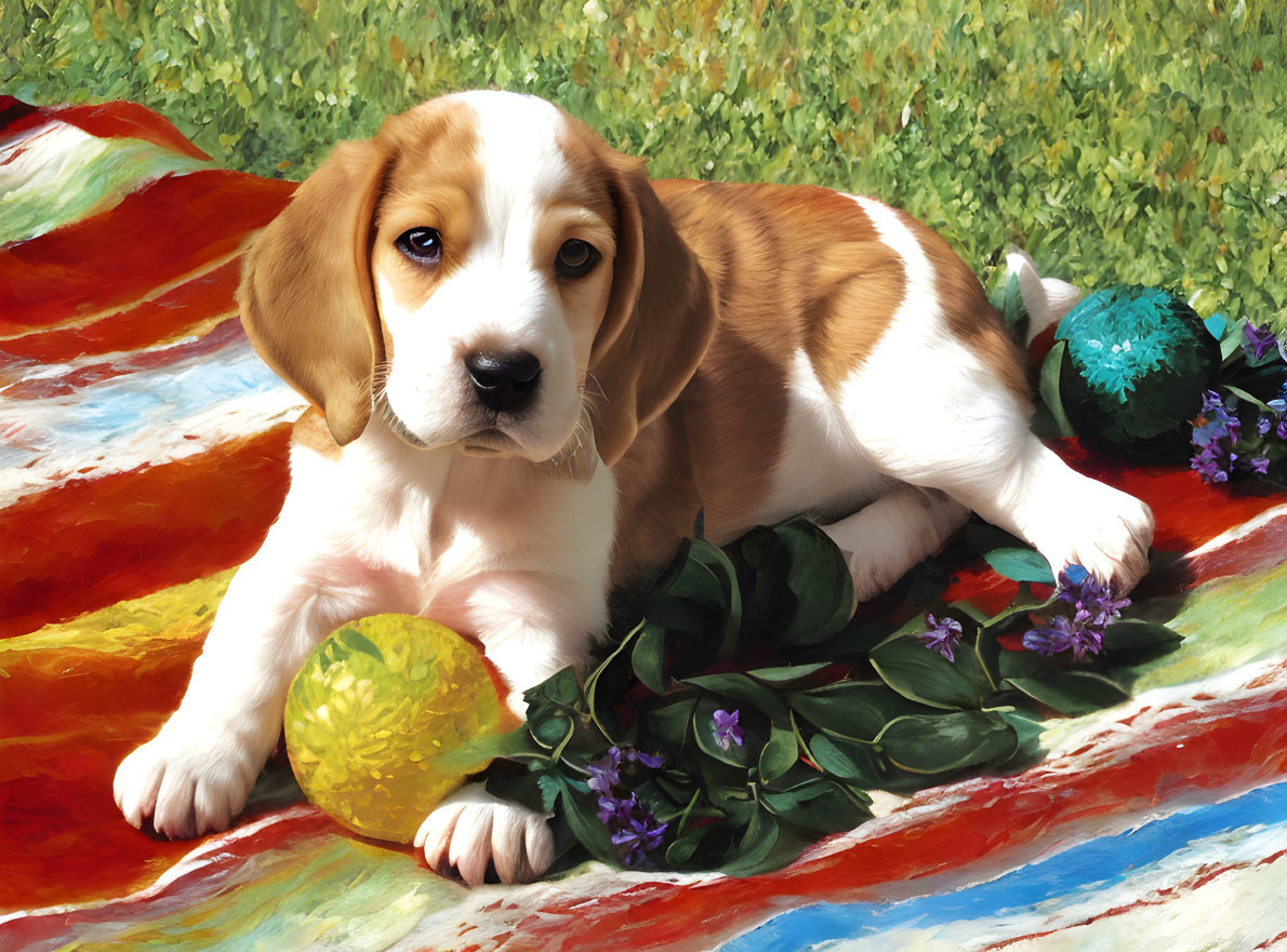 Beagle puppy on colorful blanket with ball and flowers