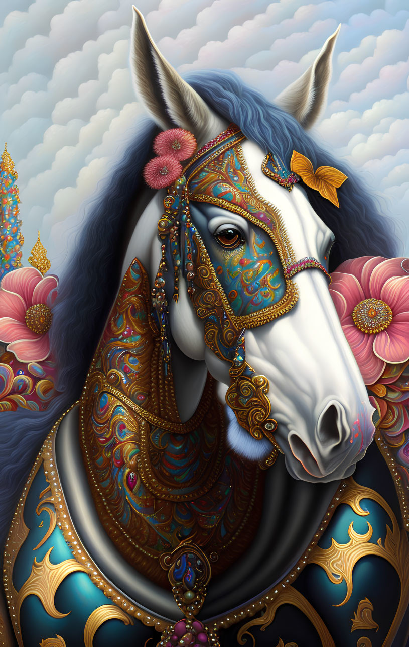 Adorned horse with jewel-toned embellishments on floral backdrop