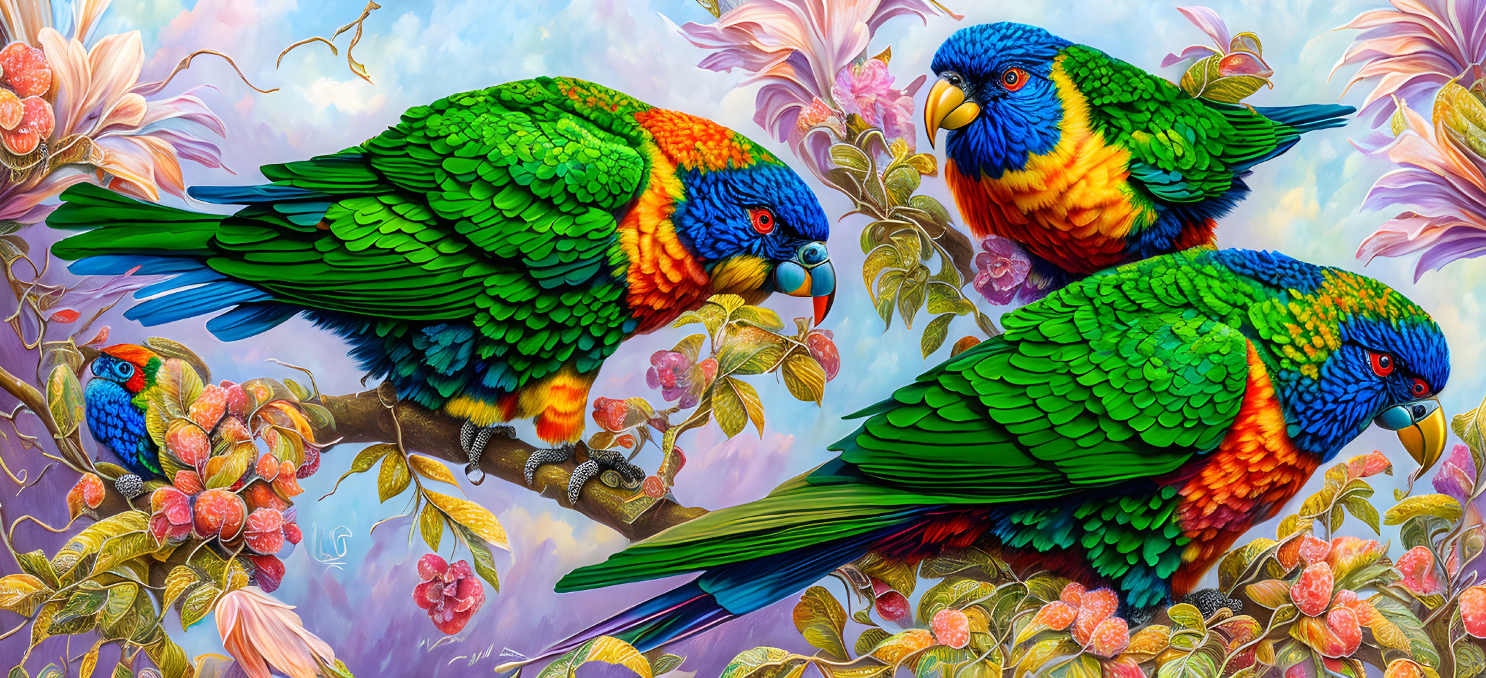 Colorful Lorikeets Perched Among Flower-Filled Branches on Pastel Sky