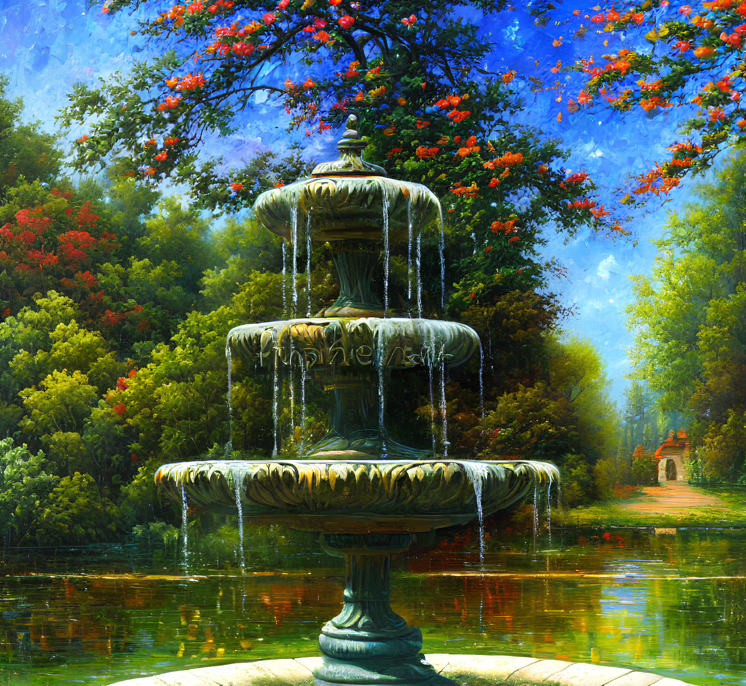 Colorful painting of elaborate fountain in lush garden