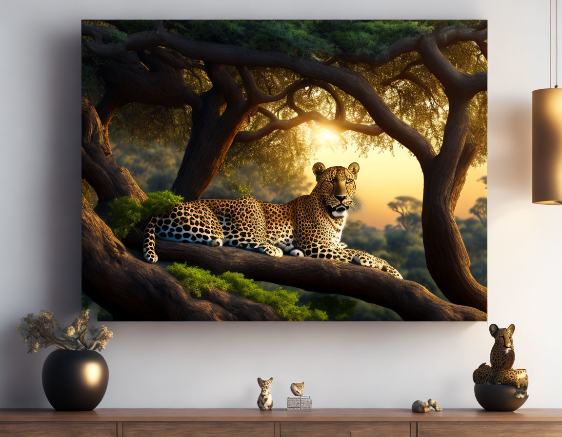 Leopard on Tree Branch at Sunset Canvas Print in Living Room