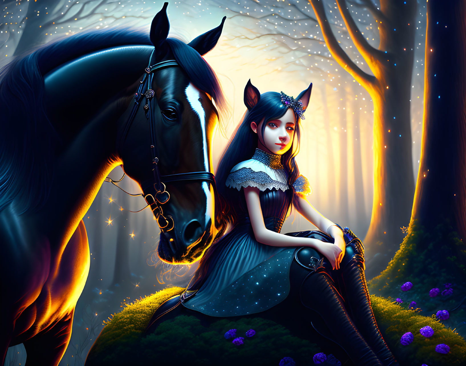 Fantasy illustration: Woman with horns and horse in mystical forest.