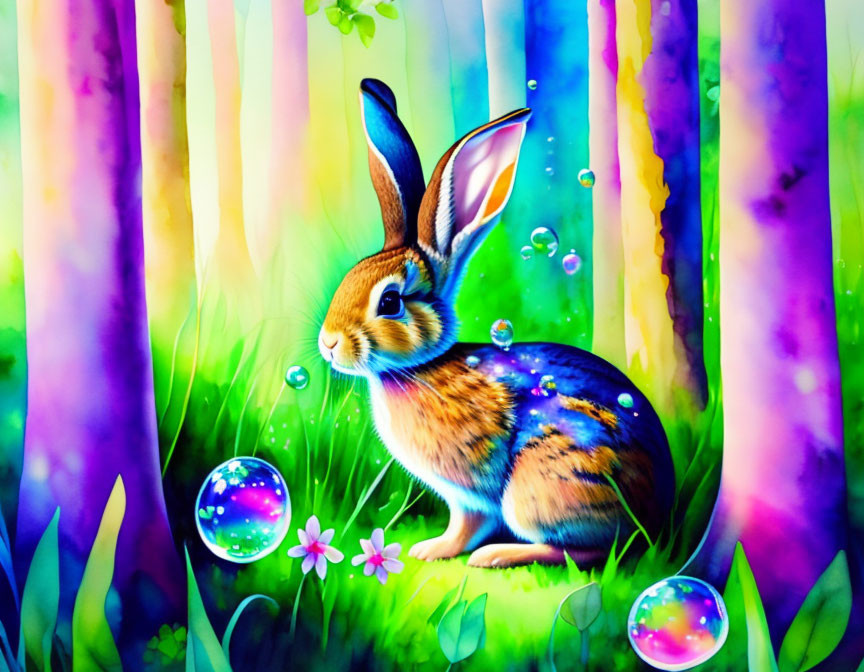 Colorful rabbit in fantasy forest with bubbles & trees