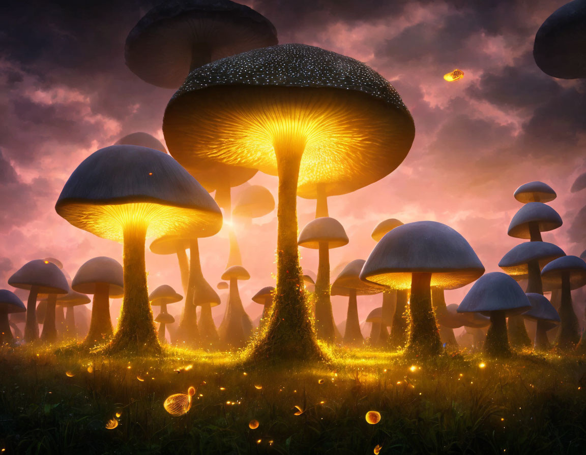 Enchanted forest scene with glowing mushrooms and sunset glow