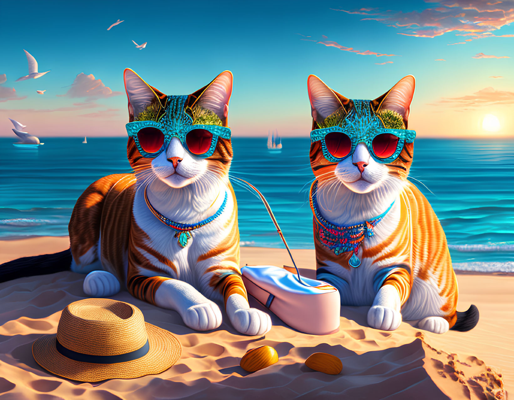 Colorful Cartoon Cats with Sunglasses Fishing on Beach